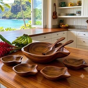 Hilo Hattie Monkey Pod Wood Fish Salad Set Serving Bowl Small Bowls Utensils MCM
